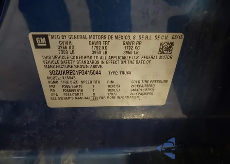 2015 Chevrolet Silverado 1500 1Lt from USA, damaged, VIN 3GCUKREC1FG415044